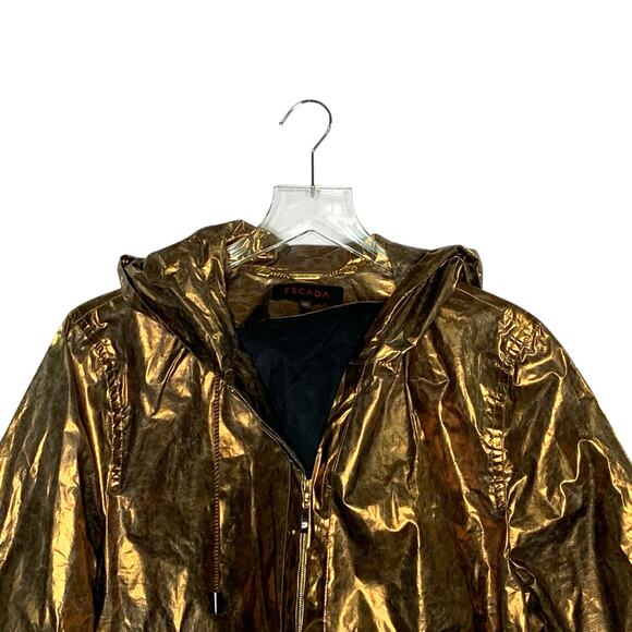 Escada IT36 Small Gold Poly Metallic Zip Up Jacket Crinkle Hooded Designer Lux - Picture 5 of 9